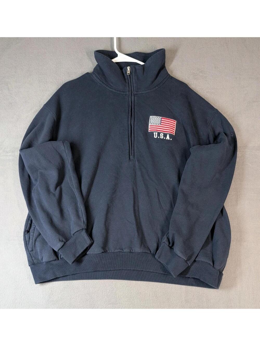 Hollister Womens XL Navy USA Flag Quarter Zip Sweatshirt Pullover Cozy Y2K
